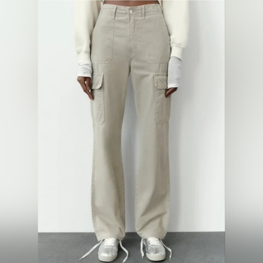 Zara Cotton Cargo Pants High Rise light tan Size 4